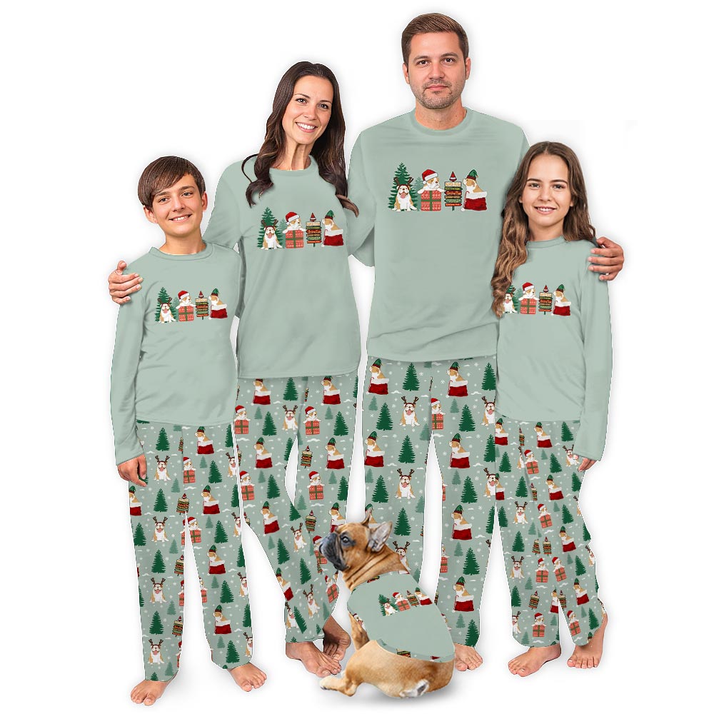 Festive English Bulldog and Owner Matching Christmas Pajamas