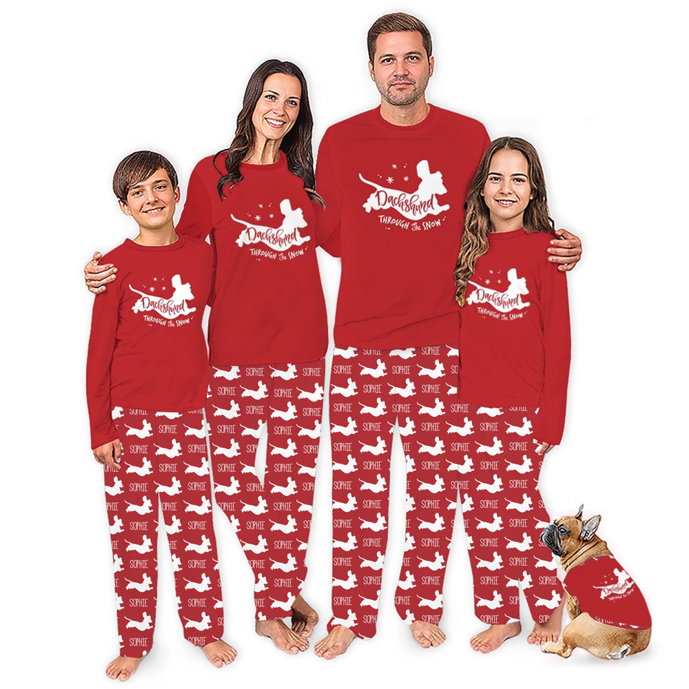 Personalized Dachshund Through The Snow Christmas PJs With Pockets Personalized Dachshund Through The Snow Christmas PJs With Pockets