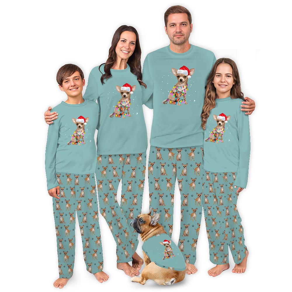 Festive Chihuahua with Christmas Lights Family Dog Matching Pajamas Festive Chihuahua with Christmas Lights Family Dog Matching Pajamas