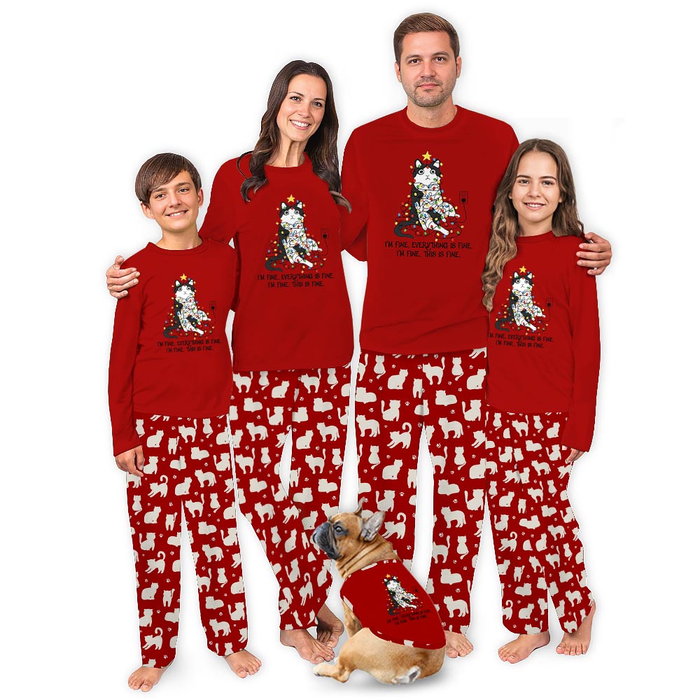 Cats with Everything is Fine Quote Matching Family Christmas Pajamas