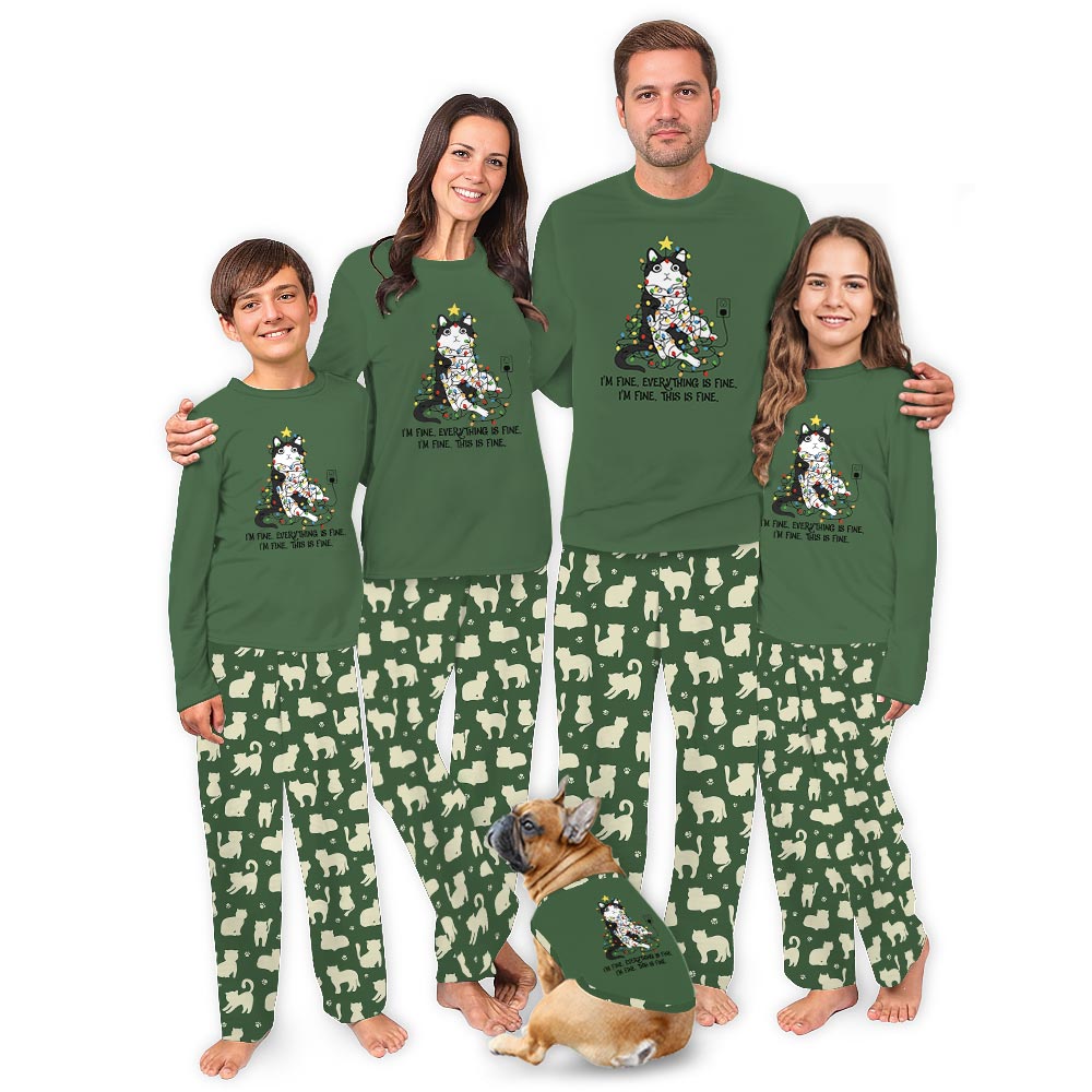 Cats with Everything is Fine Quote Matching Family Christmas Pajamas