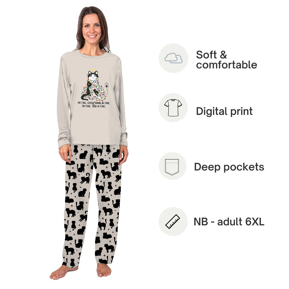 Cats with Everything is Fine Quote Matching Family Christmas Pajamas