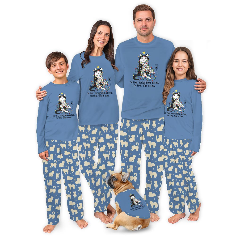 Cats with Everything is Fine Quote Matching Family Christmas Pajamas