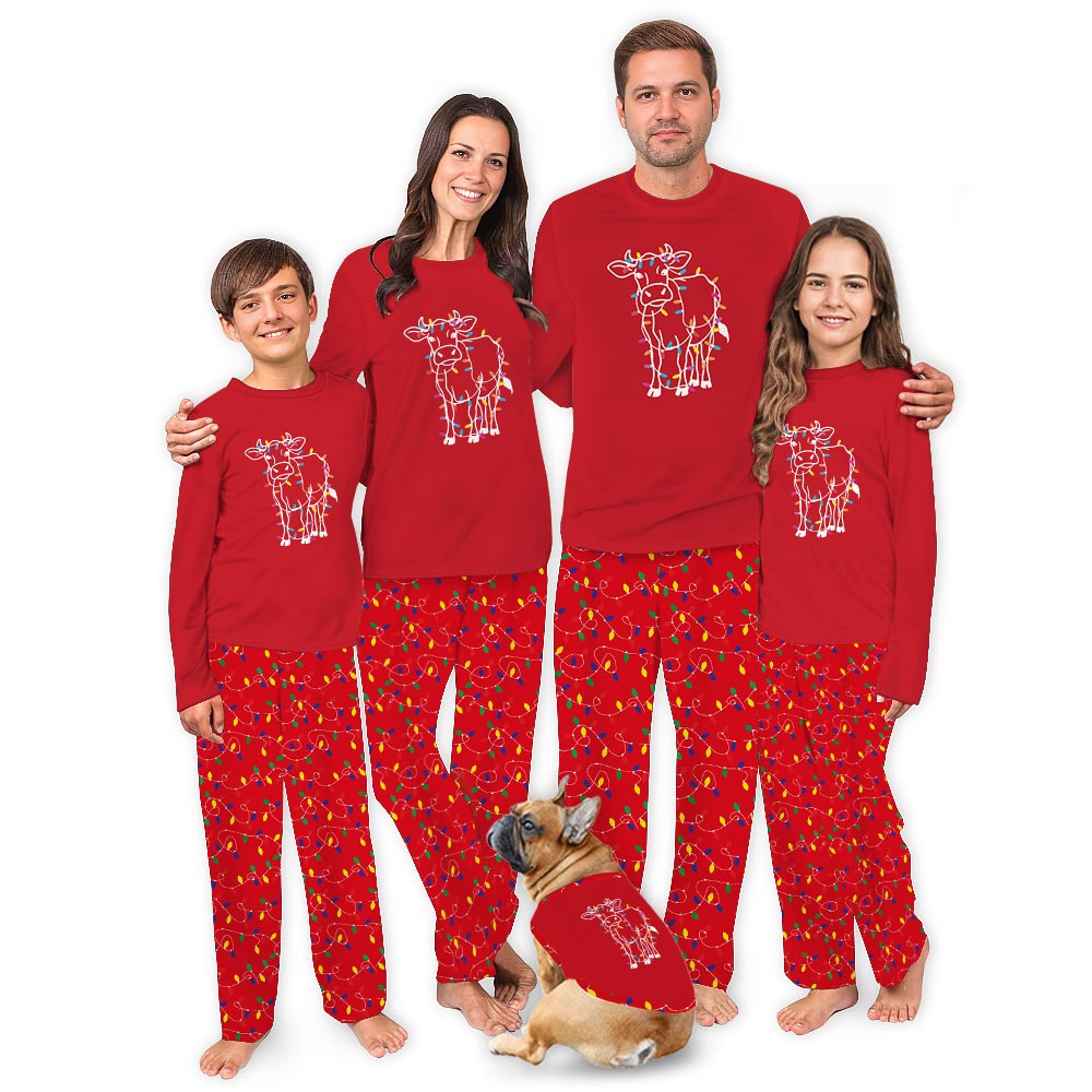 Festive Cow with Xmas Lights Family Matching Christmas PJs