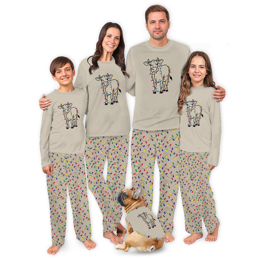 Festive Cow with Xmas Lights Family Matching Christmas PJs