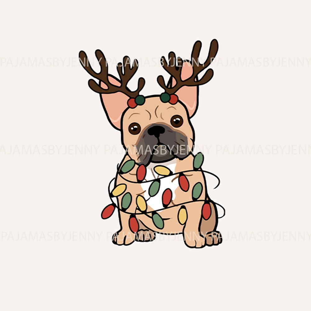 Cute French Bulldog with Reindeer Matching Christmas Pajamas Cute French Bulldog with Reindeer Matching Christmas Pajamas