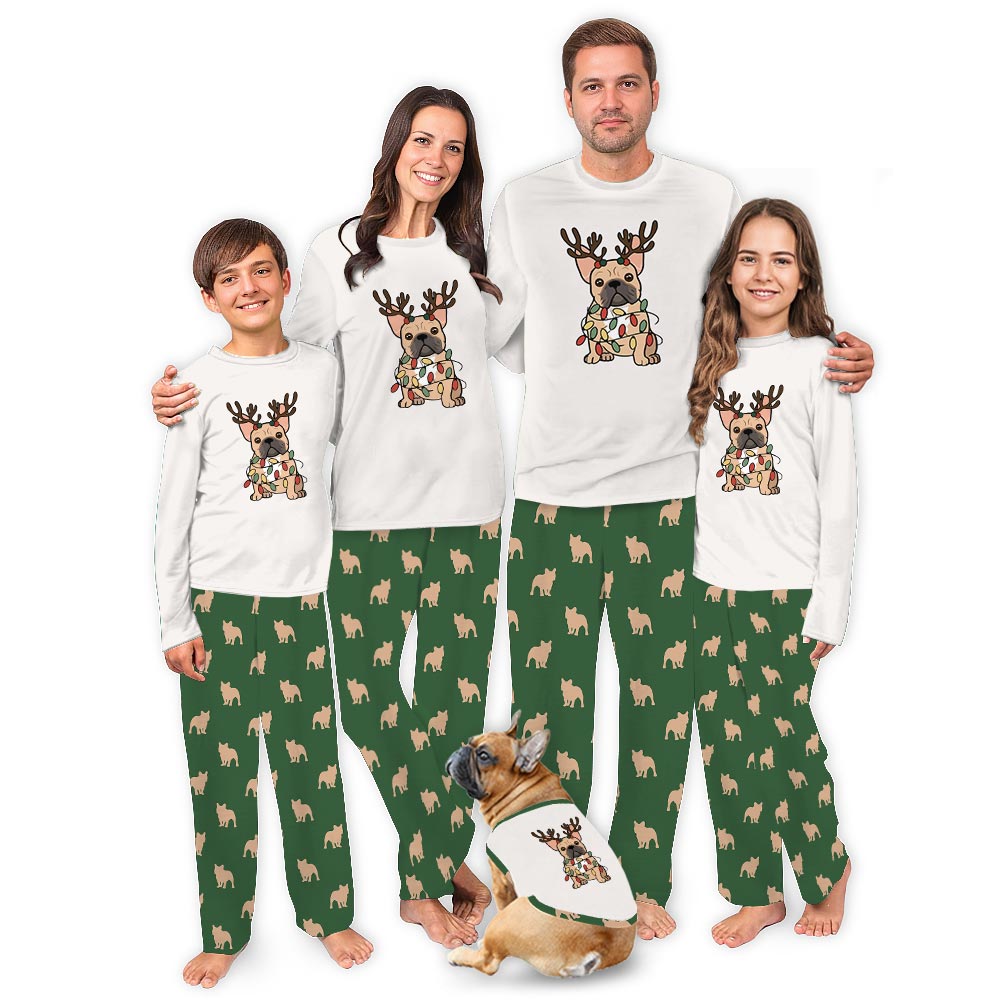 Cute French Bulldog with Reindeer Matching Christmas Pajamas Cute French Bulldog with Reindeer Matching Christmas Pajamas