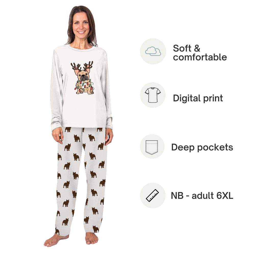 Cute French Bulldog with Reindeer Matching Christmas Pajamas Cute French Bulldog with Reindeer Matching Christmas Pajamas