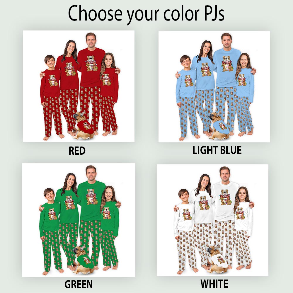 Funny English Bulldog with Christmas Lights Pajamas For Adults And Kids
