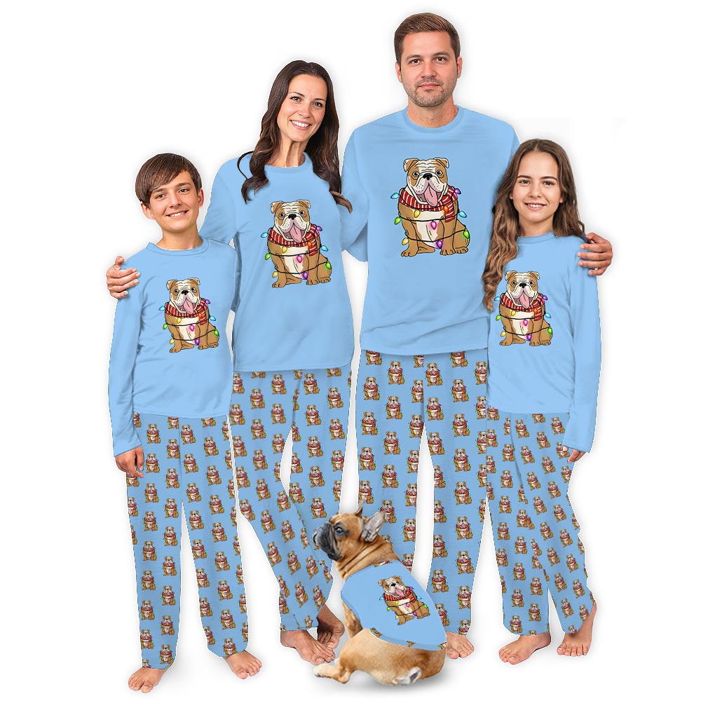 Funny English Bulldog with Christmas Lights Pajamas For Adults And Kids