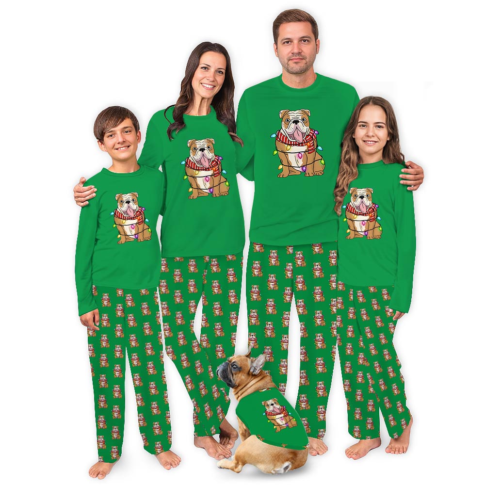 Funny English Bulldog with Christmas Lights Pajamas For Adults And Kids