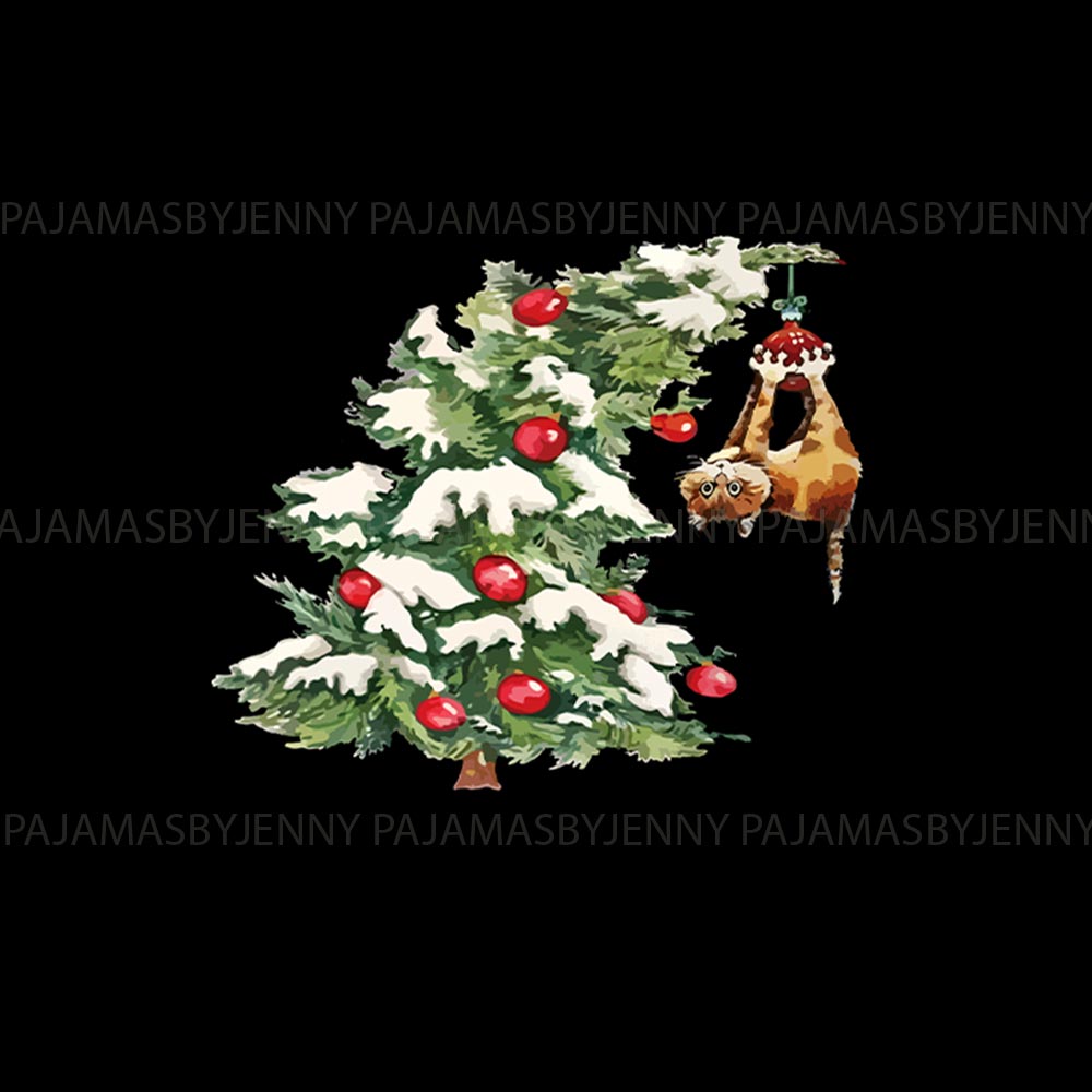 Cute Cat and the Xmas Tree Whole Family Matching Christmas Pajamas