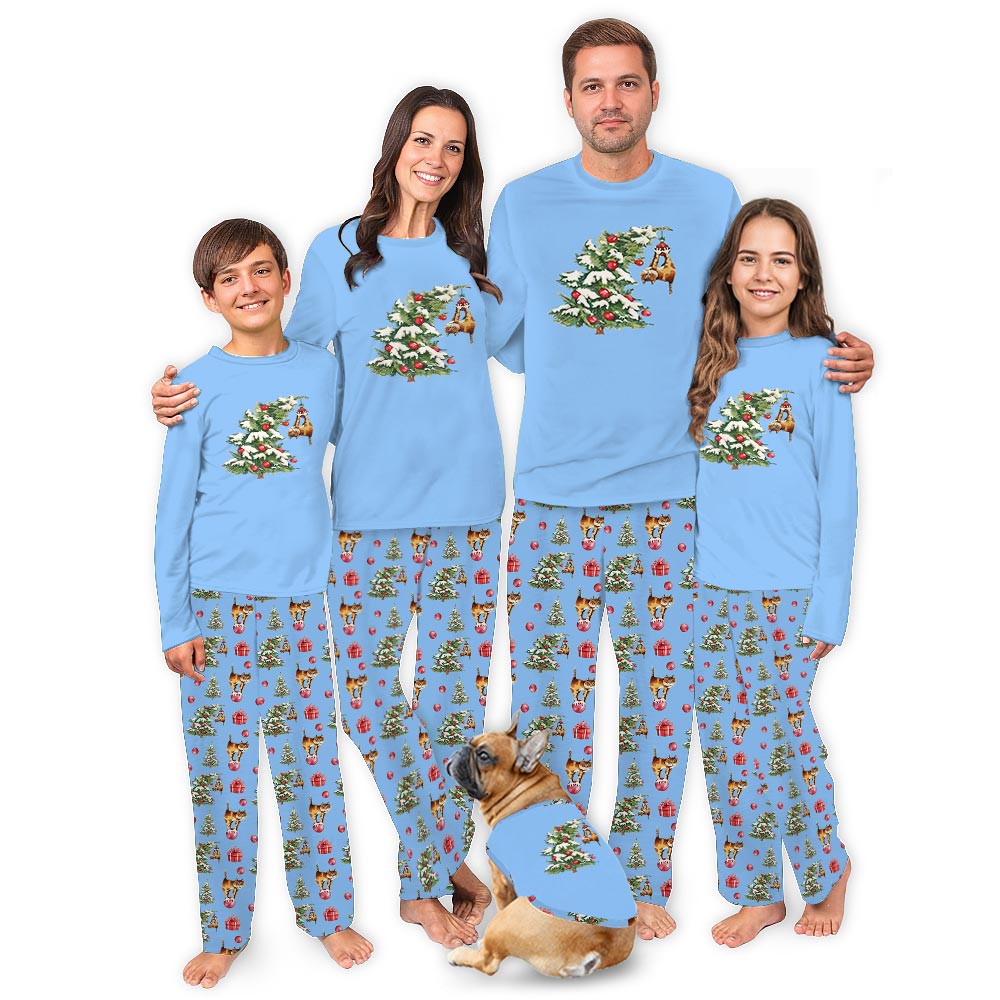 Cute Cat and the Xmas Tree Whole Family Matching Christmas Pajamas