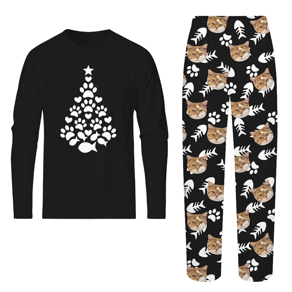 Xmas Tree Paw and Fish Christmas Pajamas with Cat Face Custom
