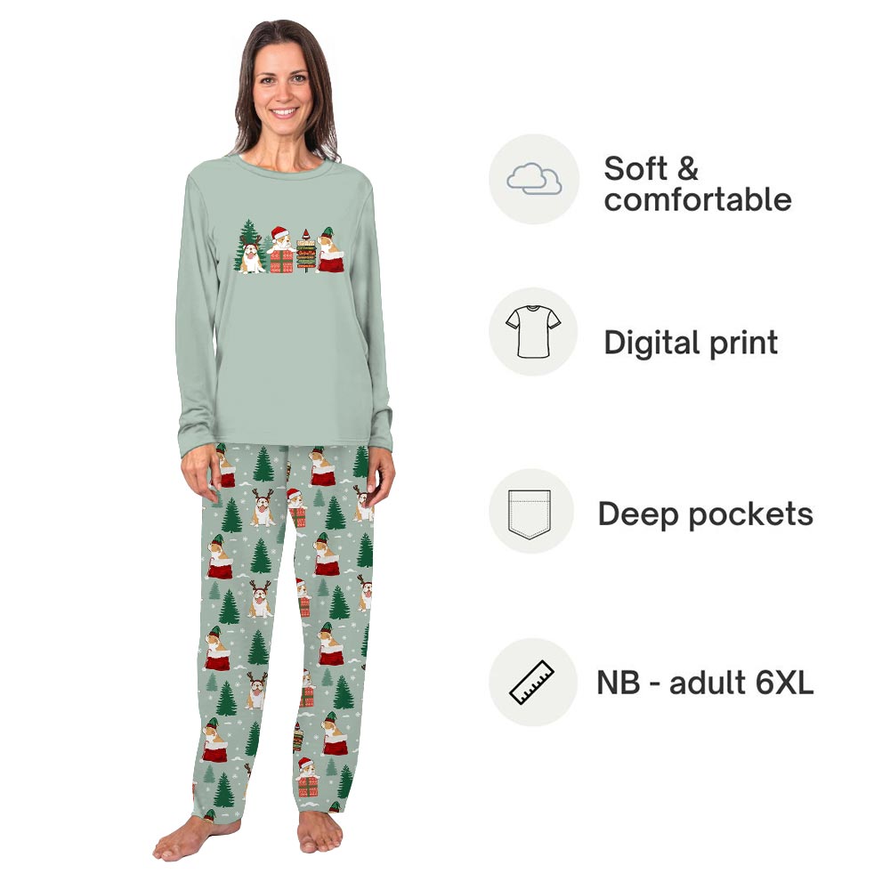 Festive English Bulldog and Owner Matching Christmas Pajamas
