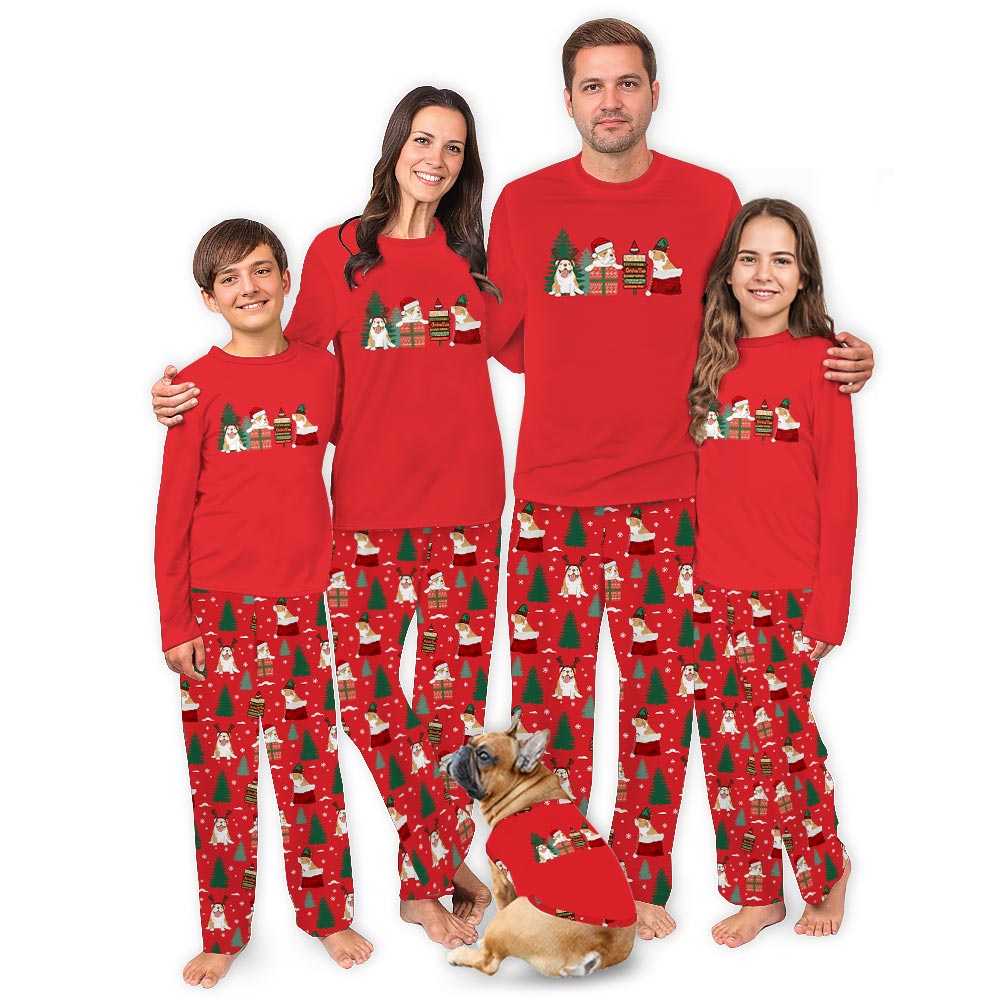 Festive English Bulldog and Owner Matching Christmas Pajamas