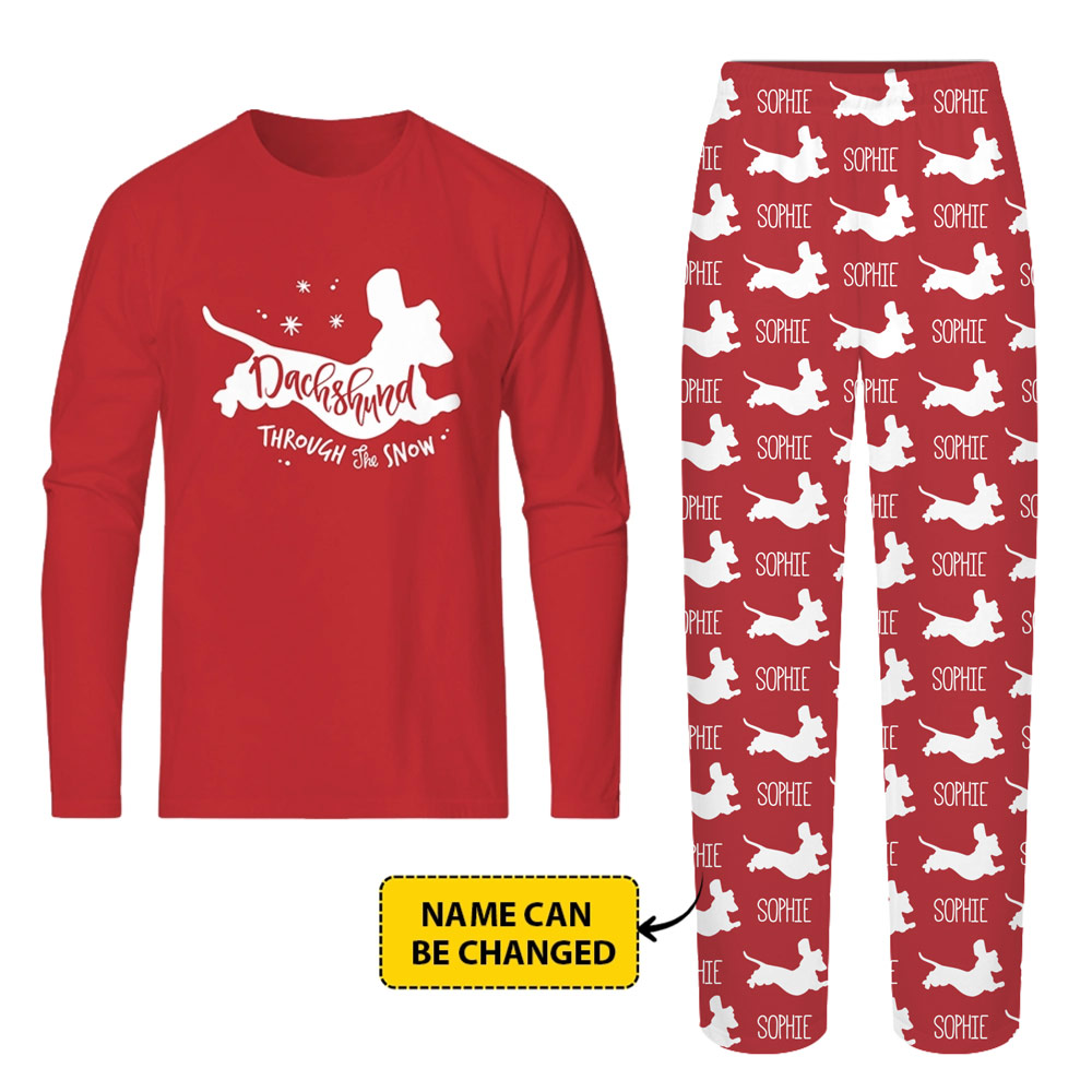 Personalized Dachshund Through The Snow Christmas PJs With Pockets Personalized Dachshund Through The Snow Christmas PJs With Pockets