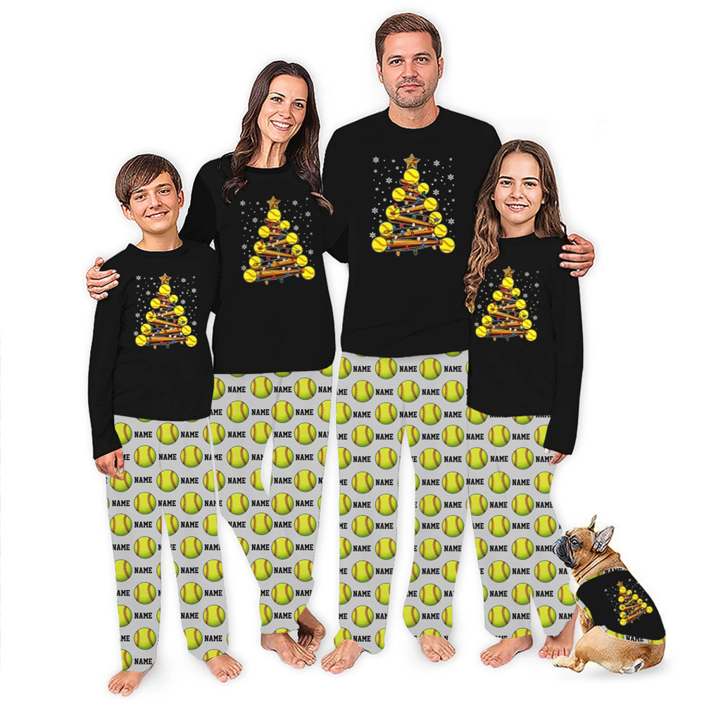 Personalized Softball Christmas Tree Matching Pajamas With Pockets Personalized Softball Christmas Tree Matching Pajamas With Pockets
