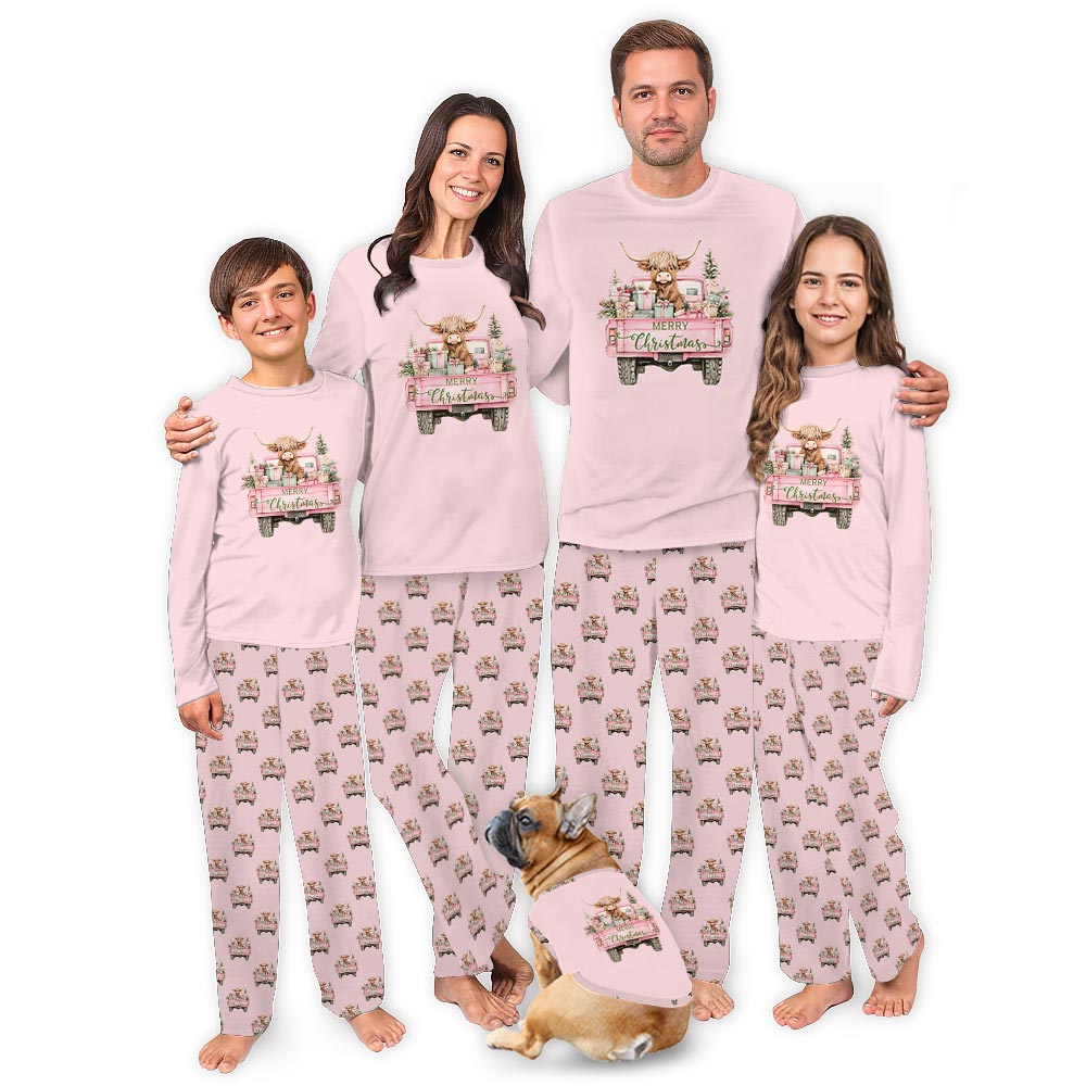 Pink Highland Cow on the Truck Matching Dog Christmas PJs