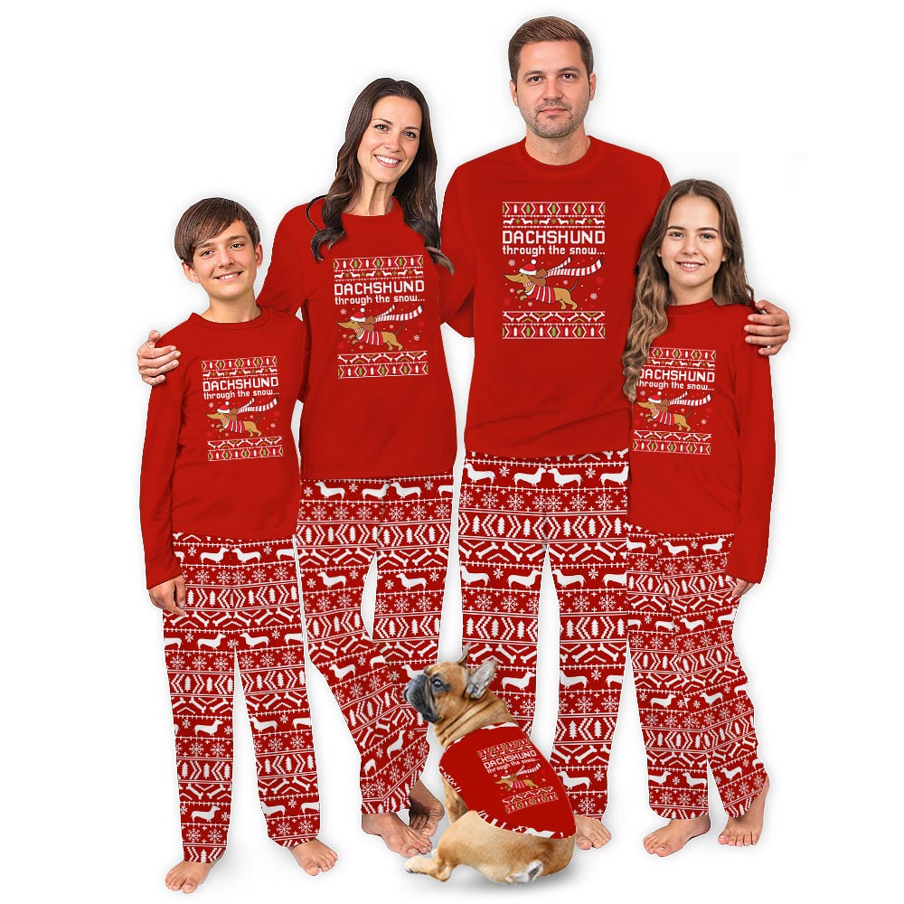 Cute Dachshund wearing Santa Hat Matching Christmas PJs Cute Dachshund wearing Santa Hat Matching Christmas PJs