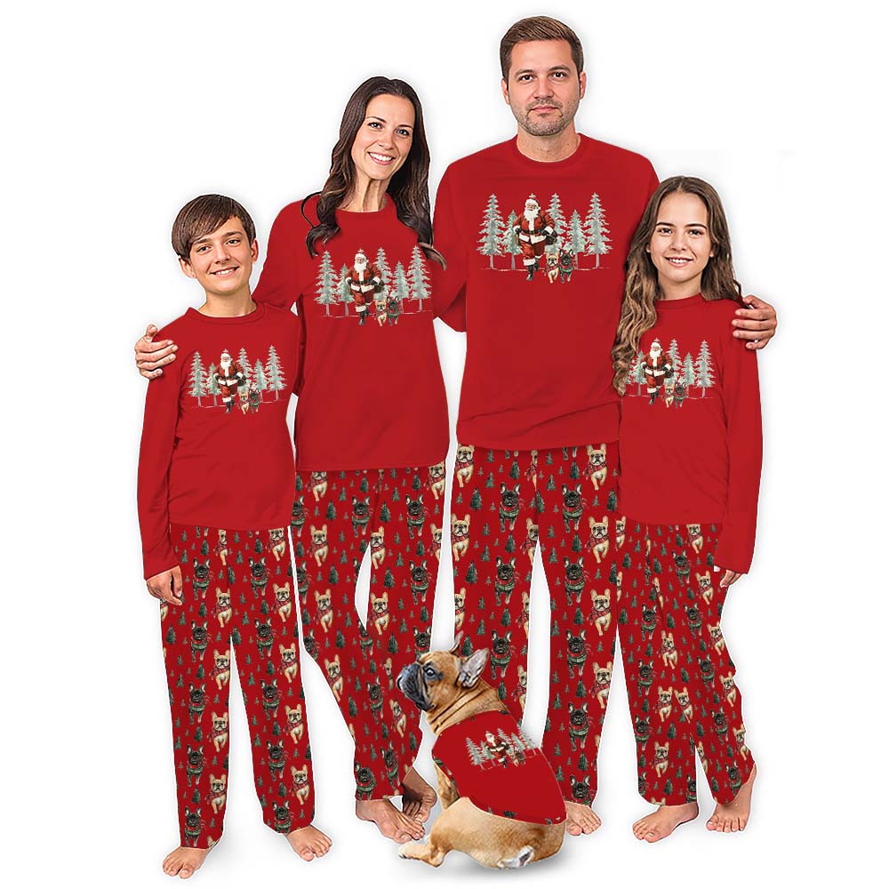 Matching Santa And Frenchie Christmas Pajamas For Family With Dog