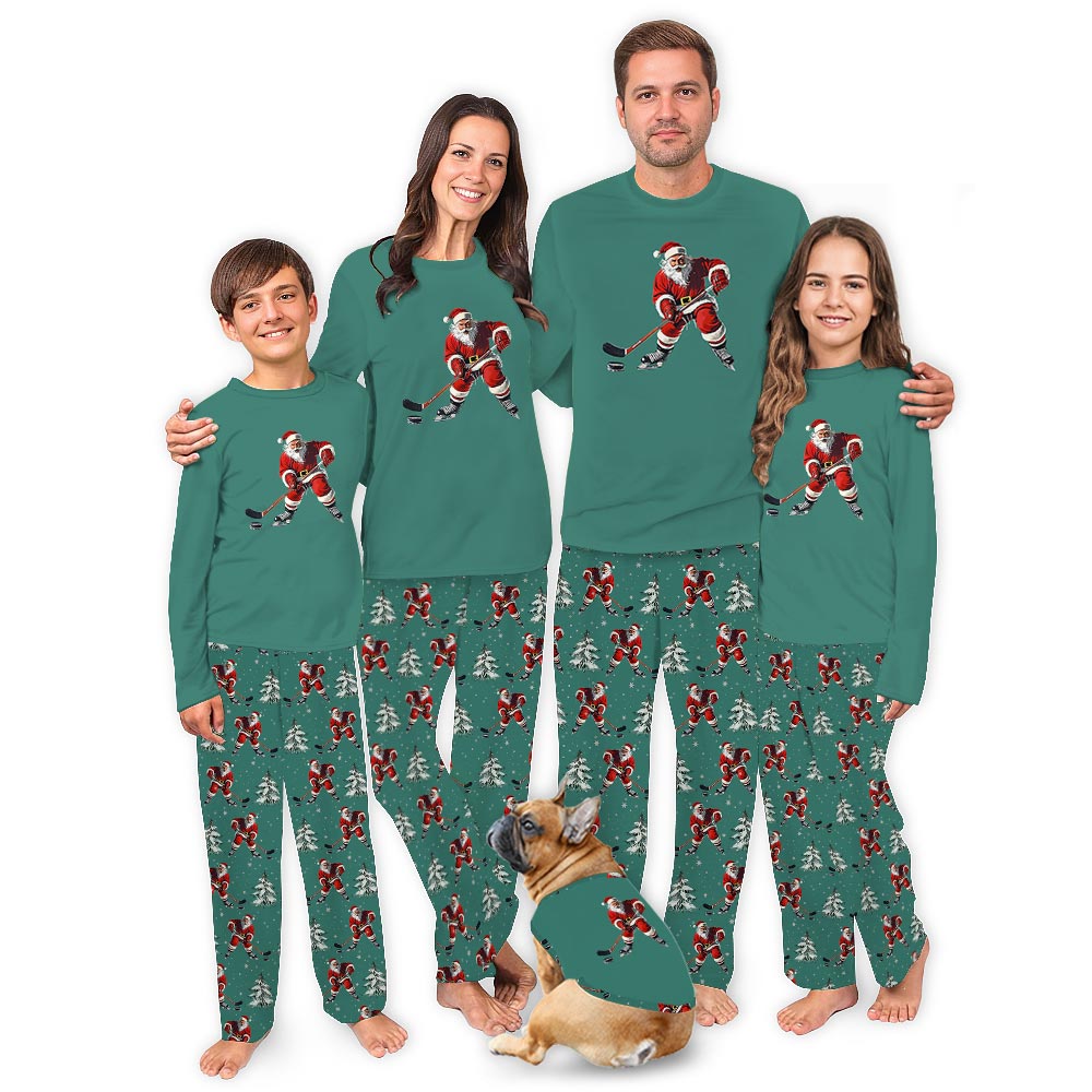 Festive Santa Playing Hockey Dog And Family Christmas Pajamas