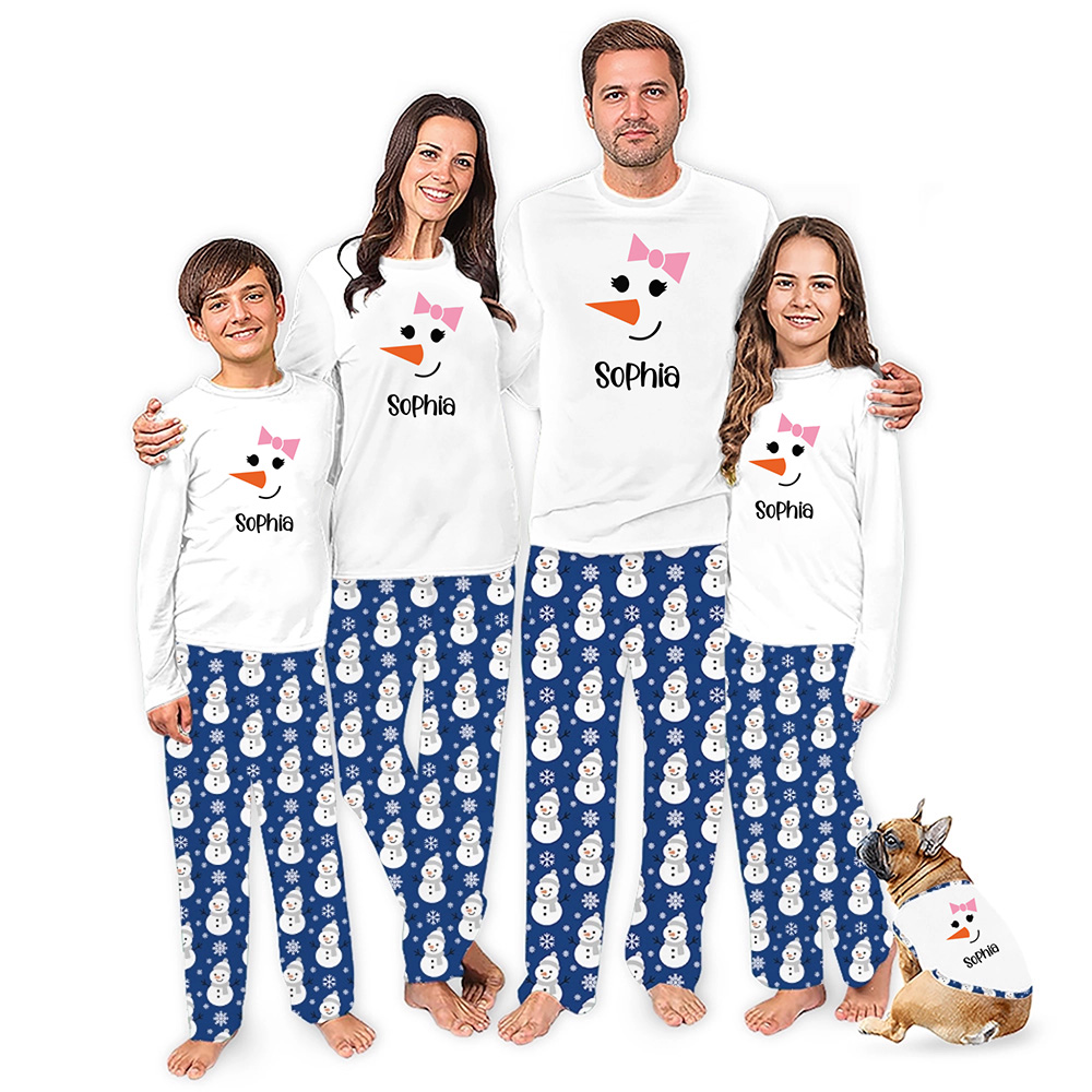 Funny Snowman Face with Name Personalized Christmas PJs in White Funny Snowman Face with Name Personalized Christmas PJs in White