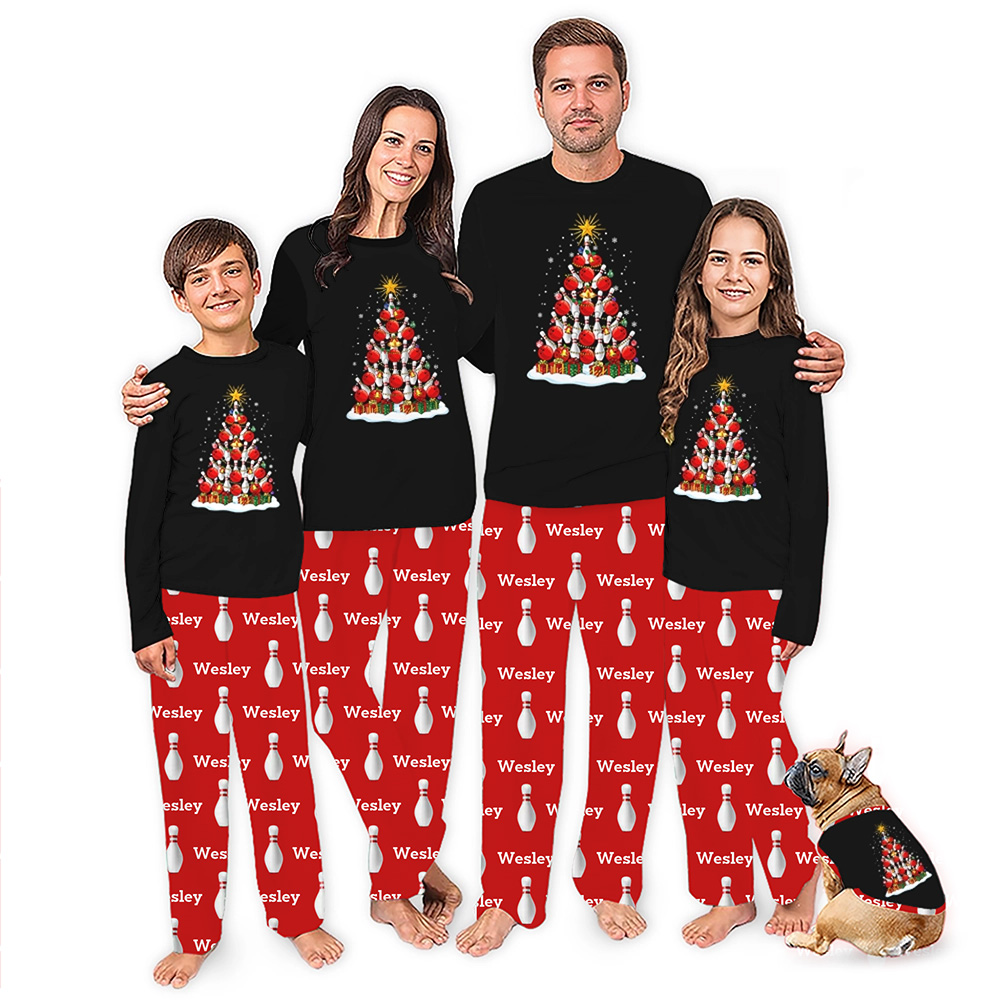 Xmas Tree Bowling with Name Personalized Matching Christmas PJs Xmas Tree Bowling with Name Personalized Matching Christmas PJs