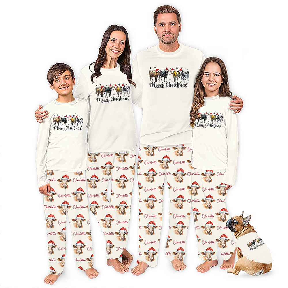 Beige Mooey Christmas Holiday Pajamas with Name Custom Beige Mooey Christmas Holiday Pajamas with Name Custom