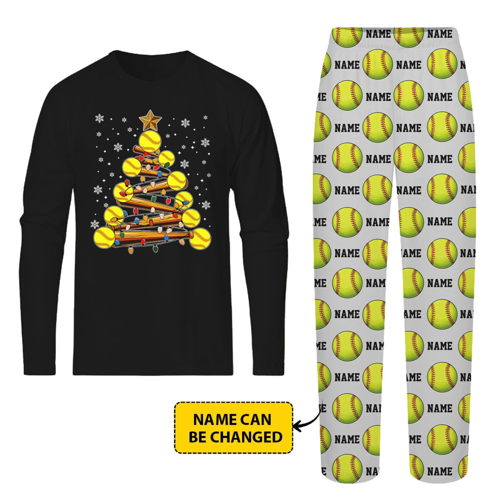 Personalized Softball Christmas Tree Matching Pajamas With Pockets Personalized Softball Christmas Tree Matching Pajamas With Pockets