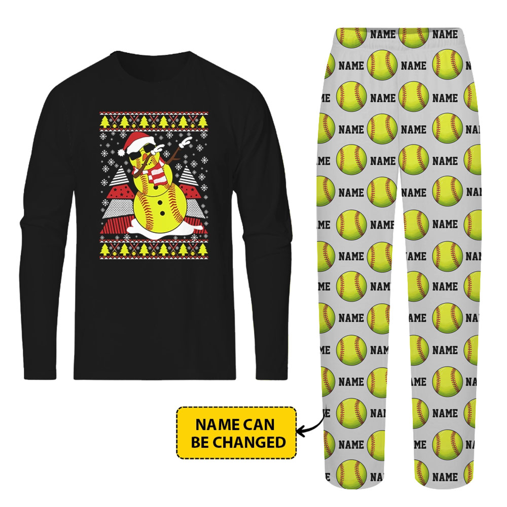 Cool Snowman Softball Christmas PJs With Custom Name Cool Snowman Softball Christmas PJs With Custom Name