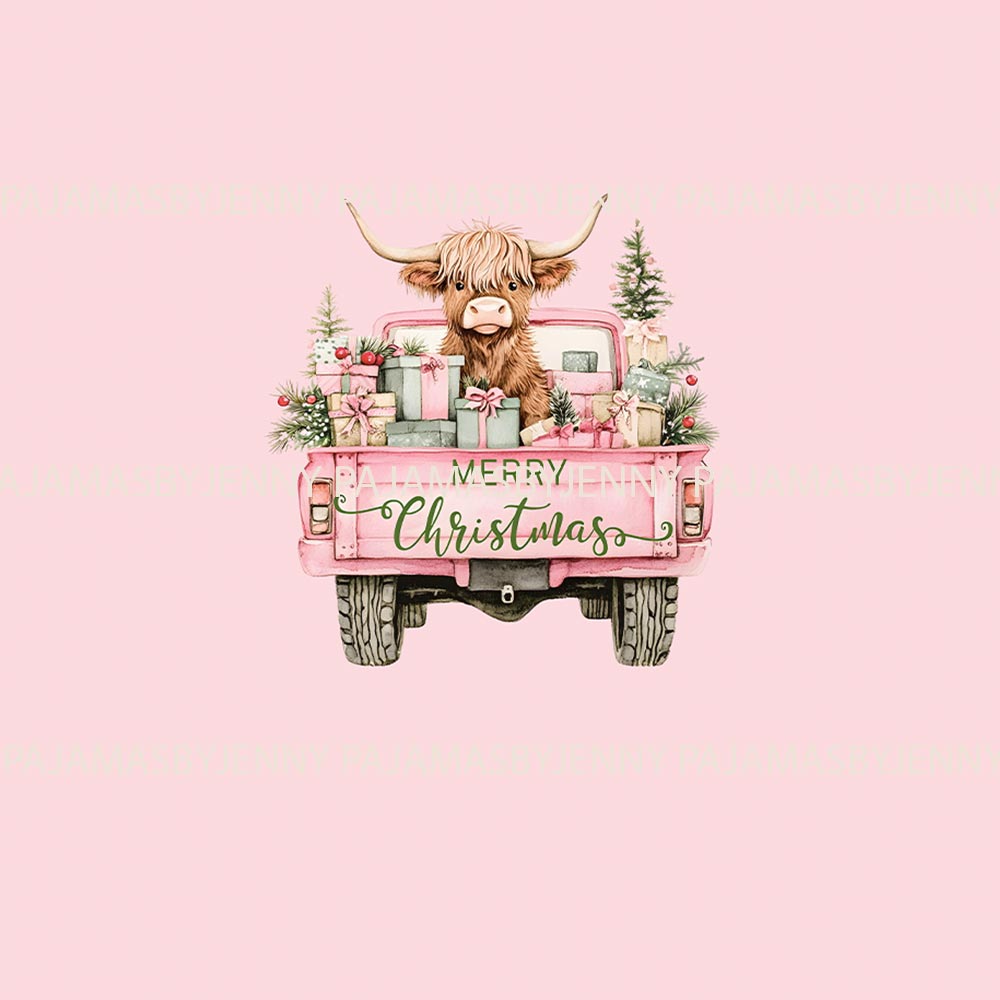 Pink Highland Cow on the Truck Matching Dog Christmas PJs
