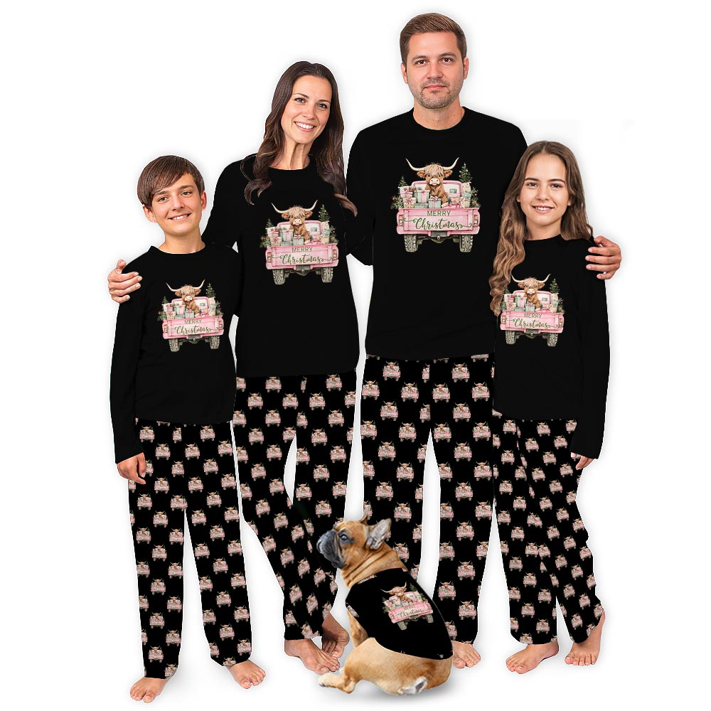Pink Highland Cow on the Truck Matching Dog Christmas PJs