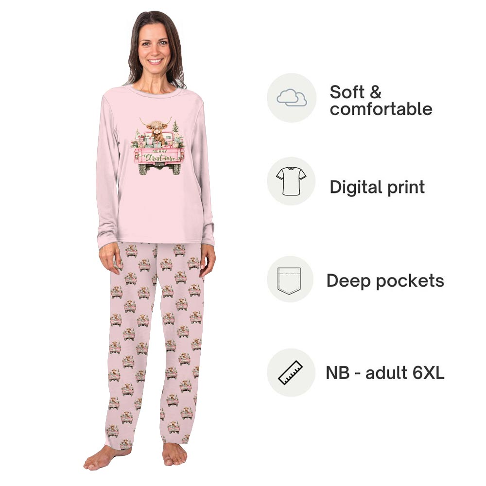 Pink Highland Cow on the Truck Matching Dog Christmas PJs
