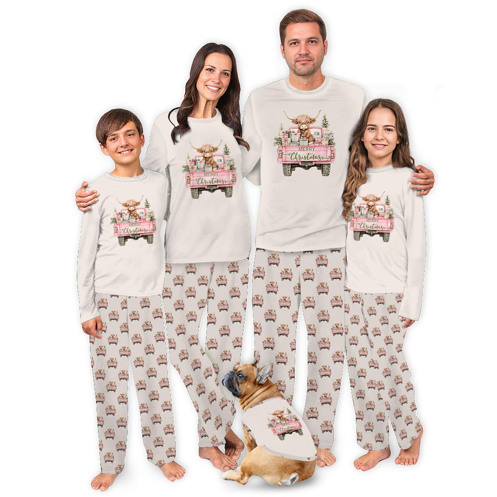 Pink Highland Cow on the Truck Matching Dog Christmas PJs