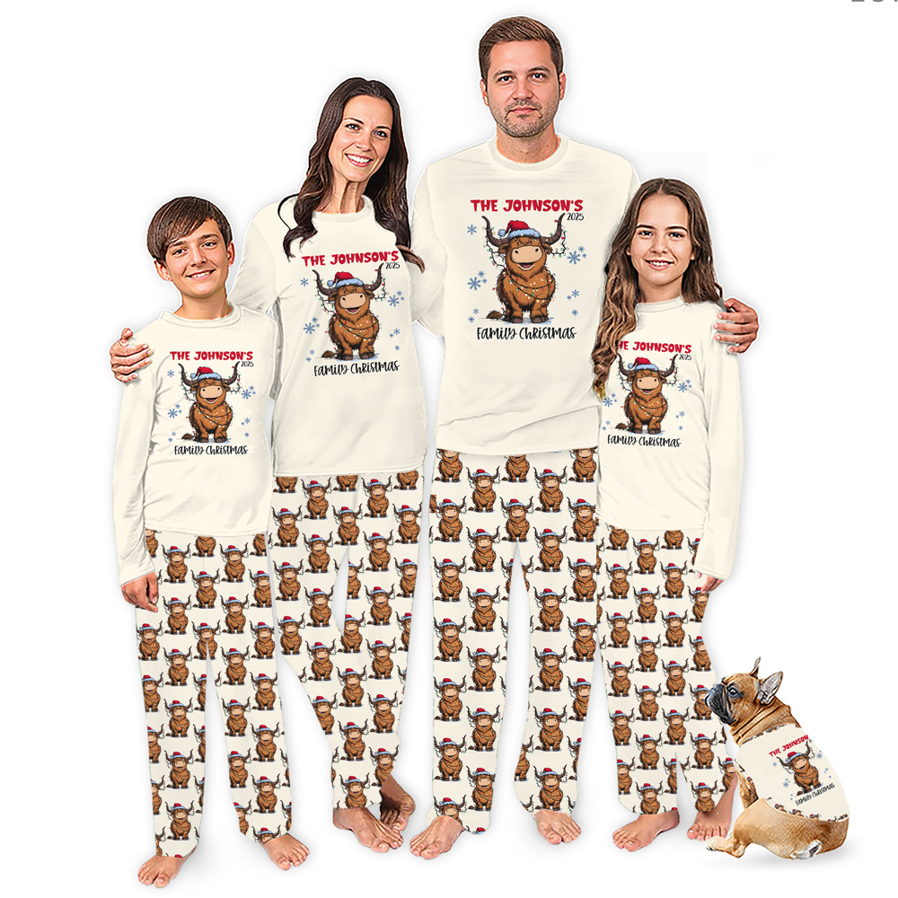Custom Highland Cow Christmas Pajamas With Name Live Preview Custom Highland Cow Christmas Pajamas With Name Live Preview