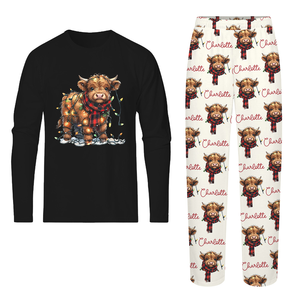 Name Personalized Cute Highland Cow Matching Christmas Pajamas