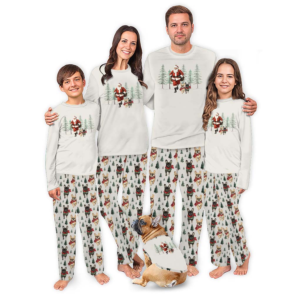 Matching Santa And Frenchie Christmas Pajamas For Family With Dog