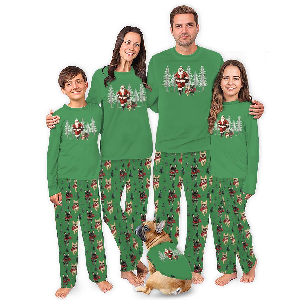 Matching Santa And Frenchie Christmas Pajamas For Family With Dog