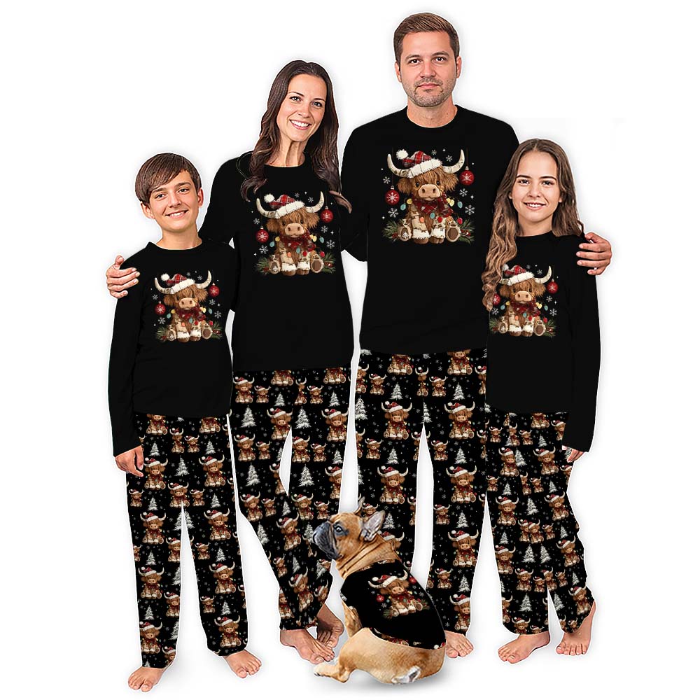 Festive Highland Cow Christmas Themed Pajamas With Pockets
