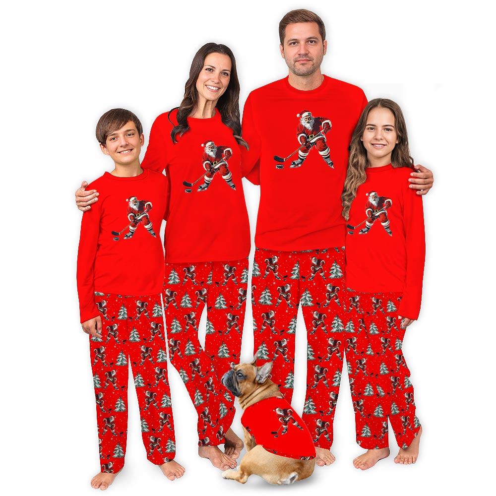 Festive Santa Playing Hockey Dog And Family Christmas Pajamas