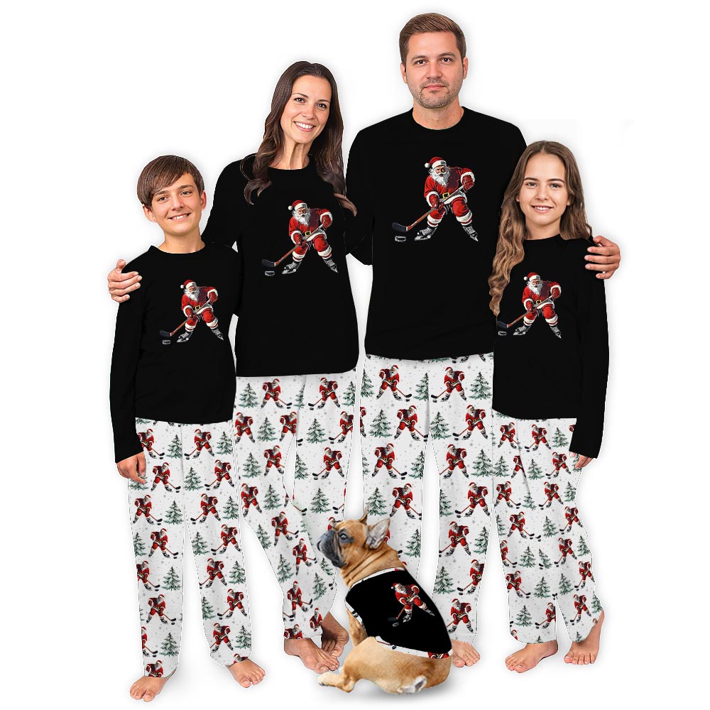 Festive Santa Playing Hockey Dog And Family Christmas Pajamas