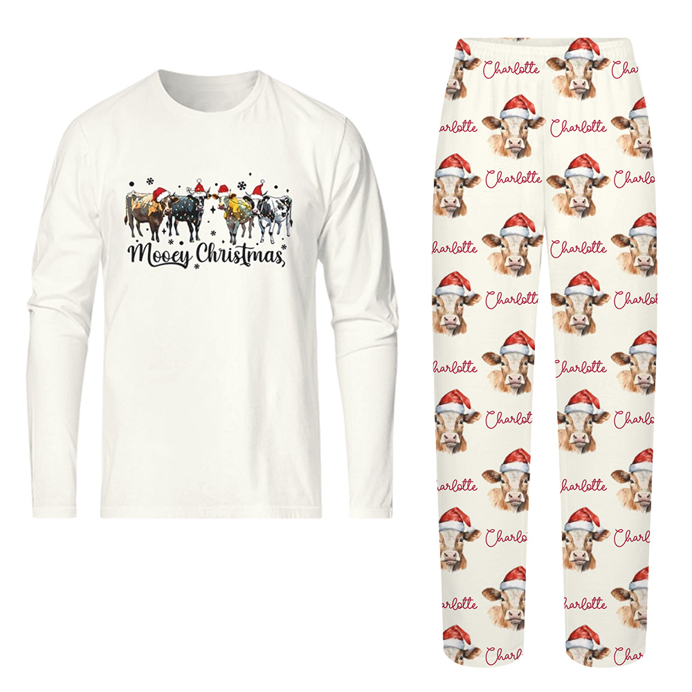 Beige Mooey Christmas Holiday Pajamas with Name Custom Beige Mooey Christmas Holiday Pajamas with Name Custom