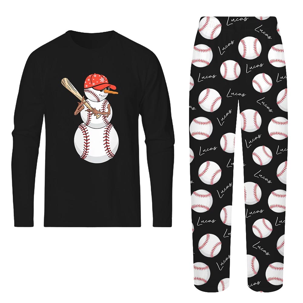 Black Snowman Baseball Name Personalized Christmas PJs Black Snowman Baseball Name Personalized Christmas PJs