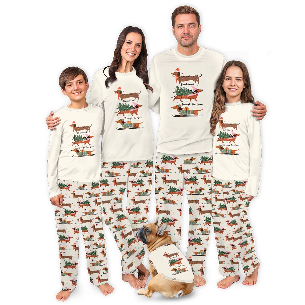 Beige Through The Snow with Dachshund Matching Family Pajama Sets