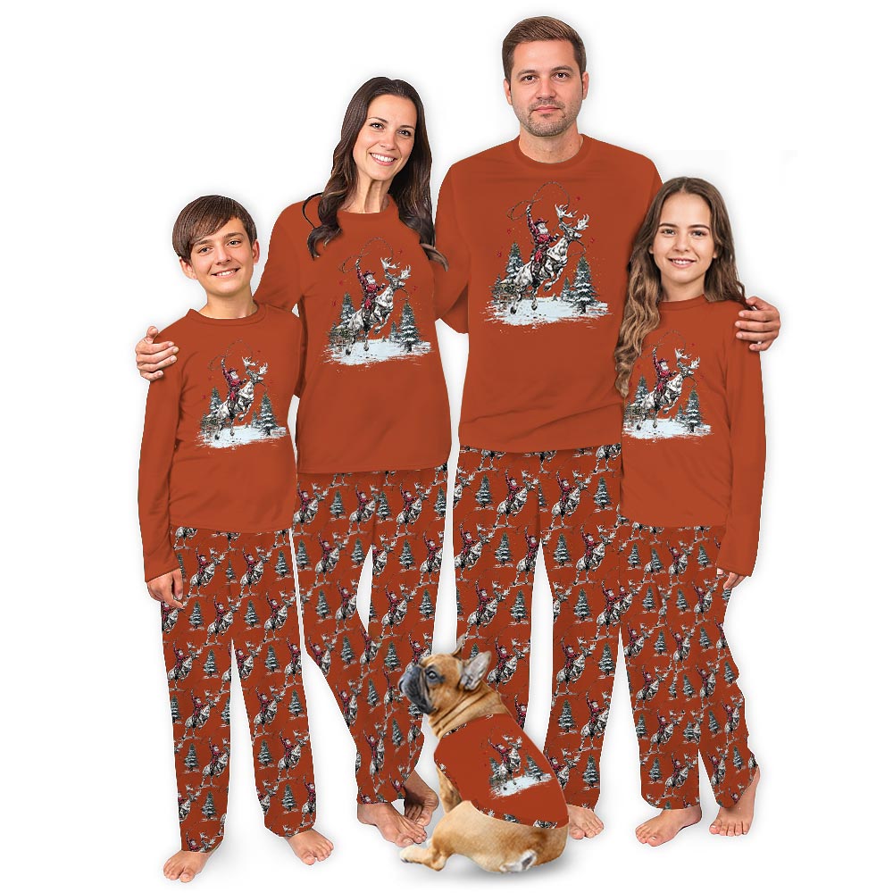 Retro Cowboy Santa Clause Matching Christmas Pjs With Dogs