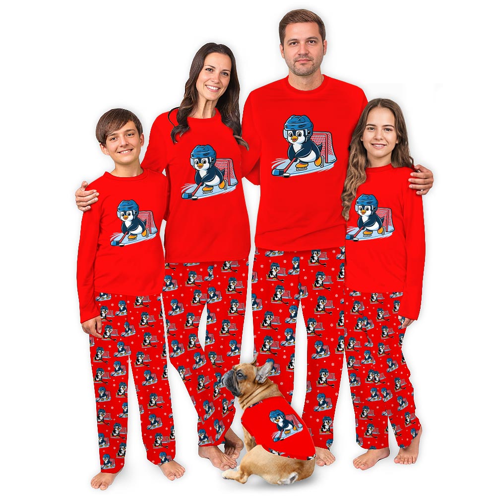 Red Penguin Playing Hockey Matching Christmas PJs Red Penguin Playing Hockey Matching Christmas PJs