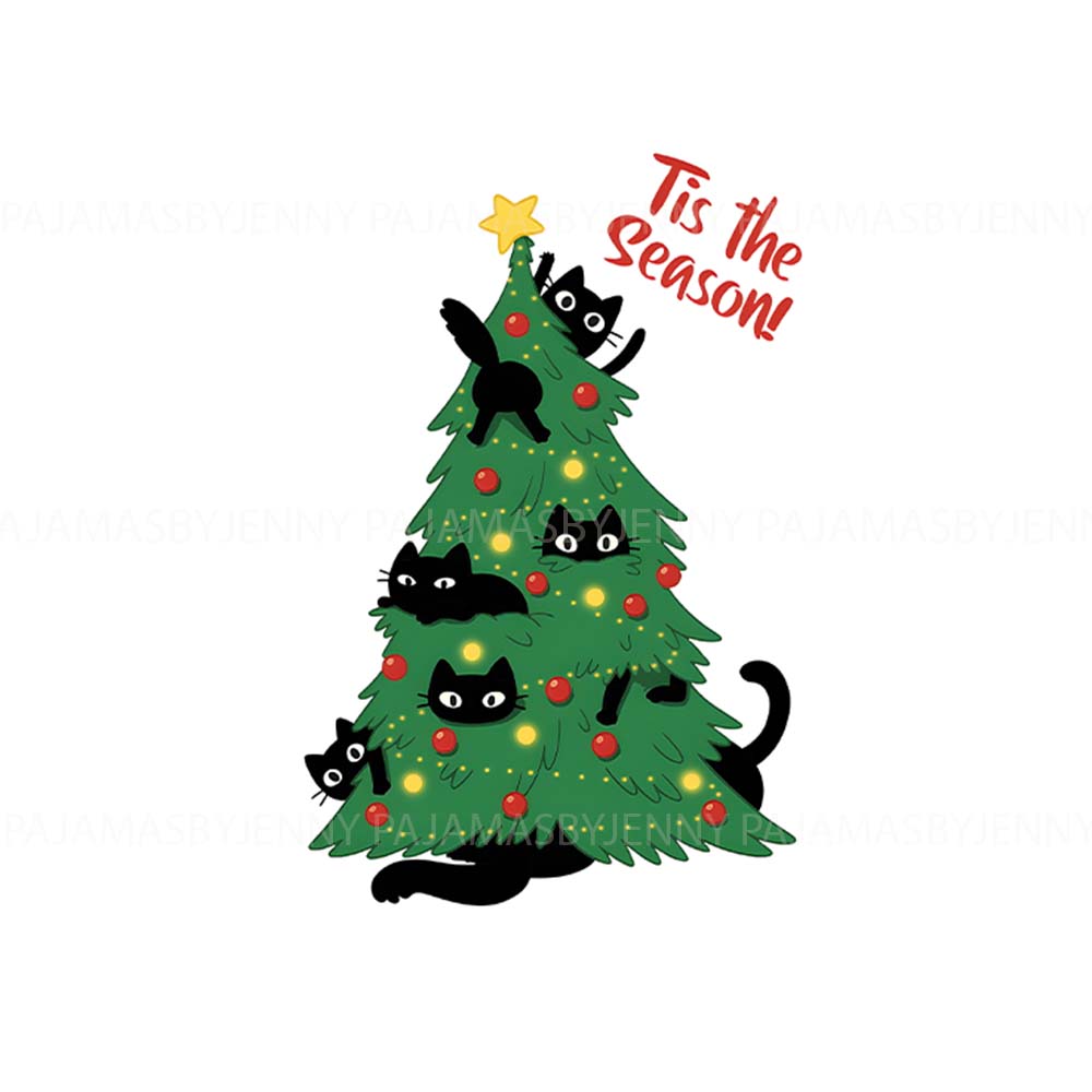 Christmas Tree Cat Print Pajamas For Adults With Plus Size Christmas Tree Cat Print Pajamas For Adults With Plus Size