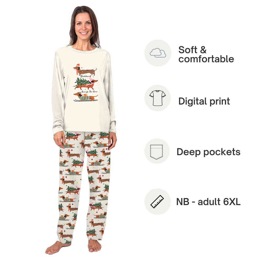 Beige Through The Snow with Dachshund Matching Family Pajama Sets