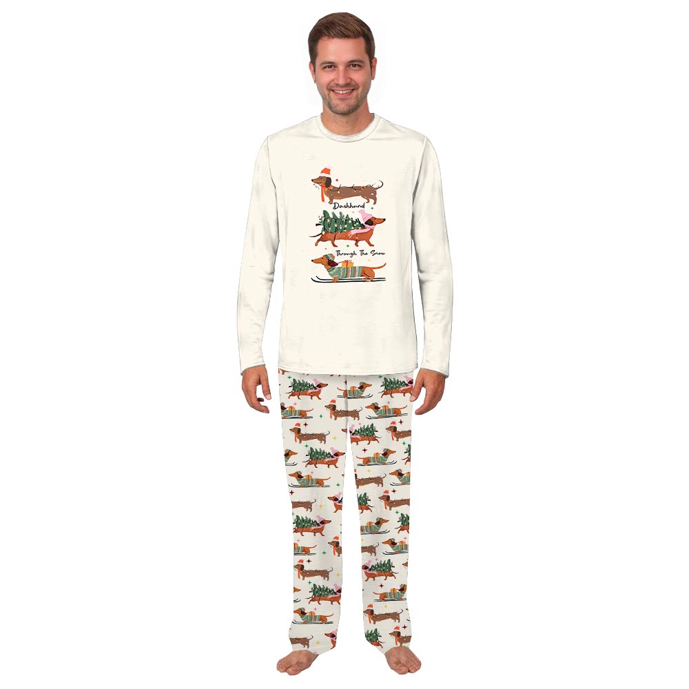 Beige Through The Snow with Dachshund Matching Family Pajama Sets